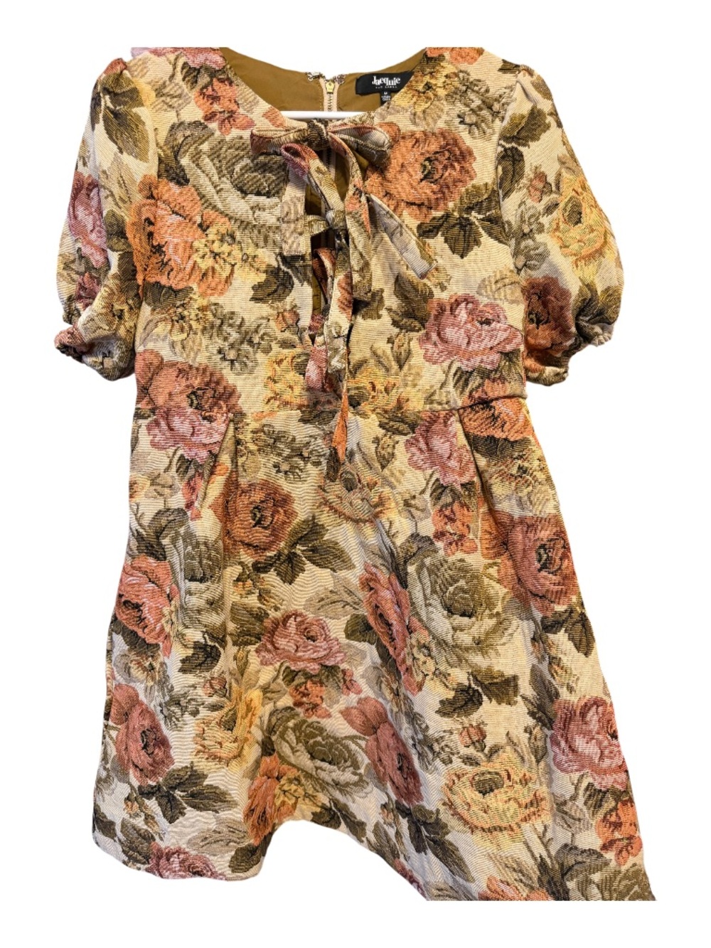 Jacqui E Floral Jacquard Mini Dress in Cream, Pink & Brown